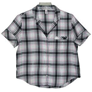 Victorias Secret Pajama Shirt Womens Medium Gray Pink Silver Short Sleeve Button